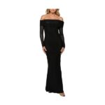 Women's Elegant Off The Shoulder Bodycon Long Sleeve Maxi Dress Mesh Cocktail Party Wedding Guest Formal Dresses